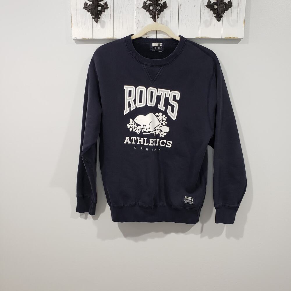 Roots Athletics Canada Crewneck Sweatshirt Navy Graphic Logo Unisex M